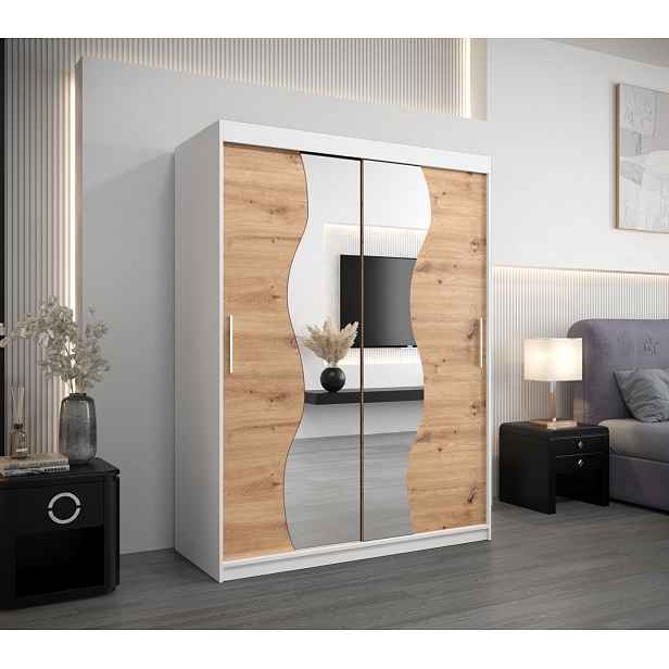 Šatní skříň se zrcadly ULRIKA - šířka 150 cm, bílá / dub artisan