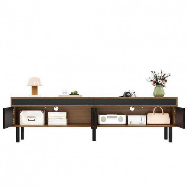 Modfu TV stolek z MDF a dřevotřísky 170x47,7x38 cm černý/přírodní se 4 dvířky, push-to-open a lamelovými čely