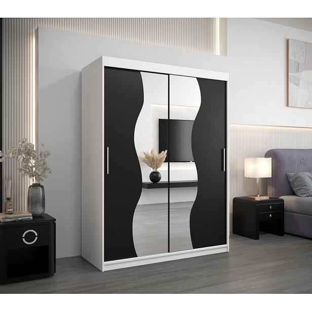 Šatní skříň se zrcadly ULRIKA - šířka 150 cm, bílá / černá