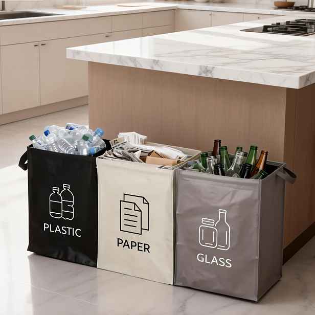 TEMU Recyklační koš 3 v 1 s barevnými recyklačními symboly - skládací polypropylenový úložný koš, otevřená konstrukce a odolný lakovaný povrch pro