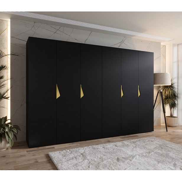 Elegantní šatní skříň 300 cm AMARIS 1 - černá / zlaté úchyty