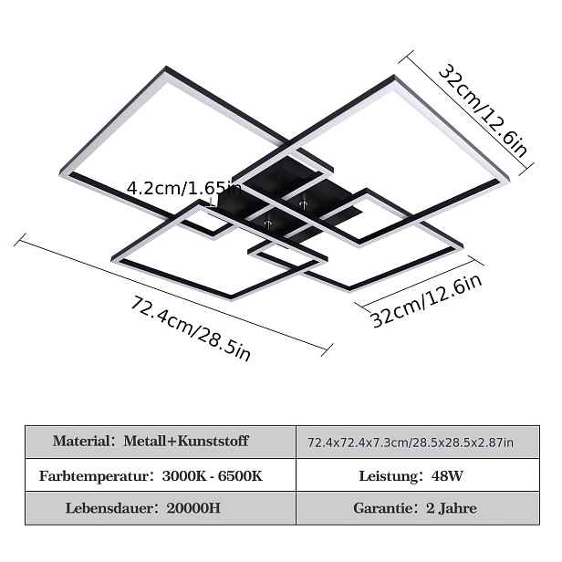 TEMU Stropní svítidlo do obýváku - 72 cm černé/stříbrné svítidlo do ložnice s dálkovým ovládáním a stmíváním 48W moderní obdélníkové stropní svítidlo