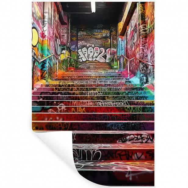 MuchoWow SAMOLEPKA NA ZEĎ Schody - Graffiti - Barvy - Umění 40x60 cm