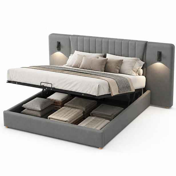 CHICFURN ČALOUNĚNÁ POSTEL 180/200 cm v šedé barvě ze sametu s úložným prostorem, lampičkami a USB