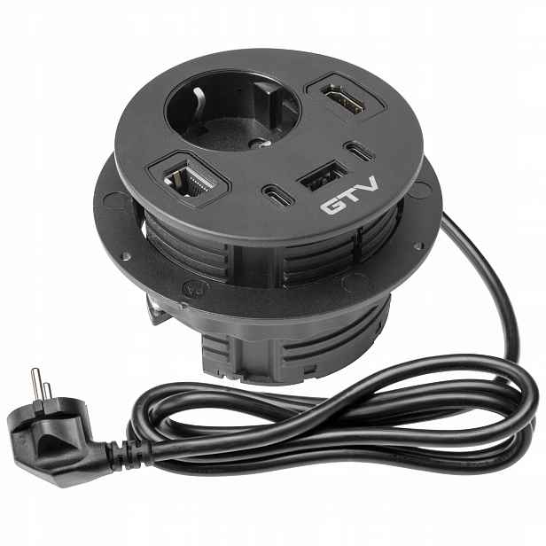 Nábytková zásuvka Rondo 1 x Schucko 1xUSB A+2xUSB C RJ45 1xHDMI Černá