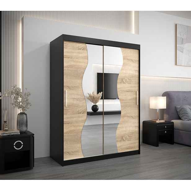 Šatní skříň se zrcadly ULRIKA - šířka 150 cm, černá / dub sonoma