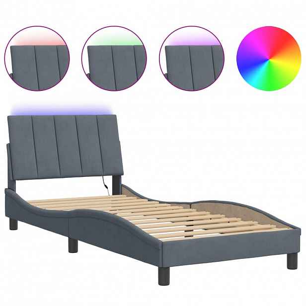 vidaXL Rám postele s LED osvětlením bez matrace Hanko tmavě šedý 90 x 190 cm samet