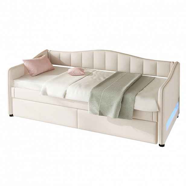 CHICFURN POSTEL 90/200 cm & 90/200 cm v béžové barvě s výsuvným lůžkem a LED