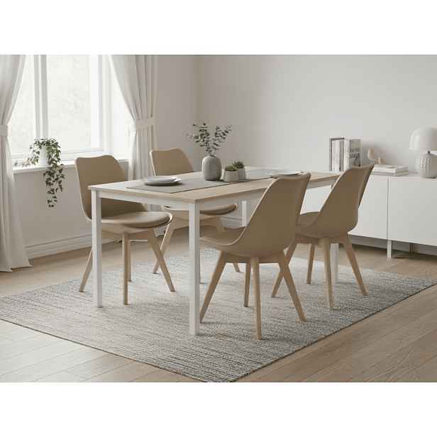 Jídelní set 1 + 4, bílý stůl TESSA 120x60 cm dekor dub + béžová židle BALI MARK s bukovými nohami