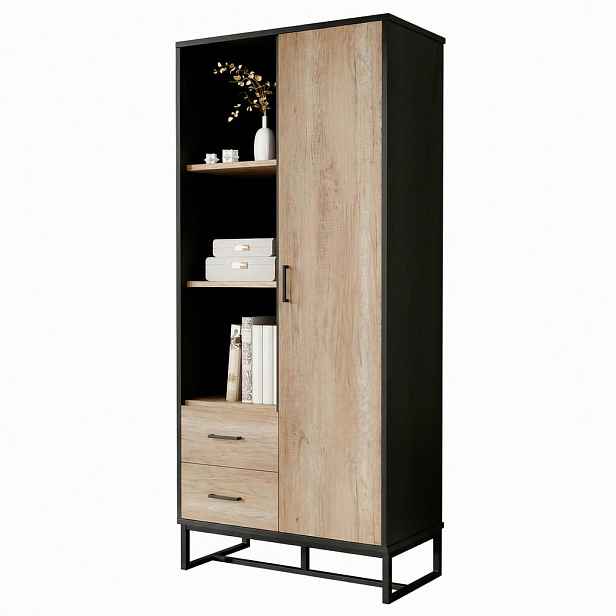 Redom VYSOKÁ komoda 80/40/180 cm s 1 dvířky, 2 zásuvkami a 3 otevřenými přihrádkami, MDF, Černá/dekor dřeva