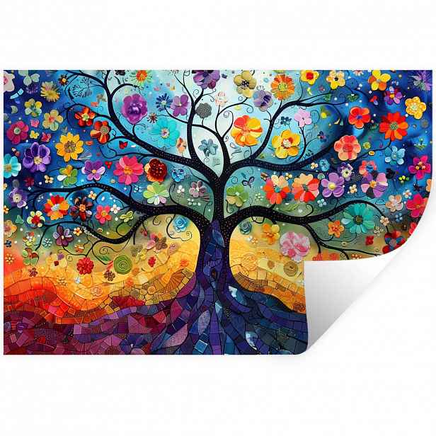 MuchoWow SAMOLEPKA NA ZEĎ Umění - Strom života - Květiny - Hippie 60x40 cm