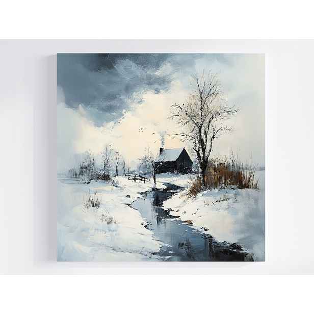 Obraz Na Plátně Plátno Krajina Zima Sníh Mraz Říčka Dům Chata 50x50