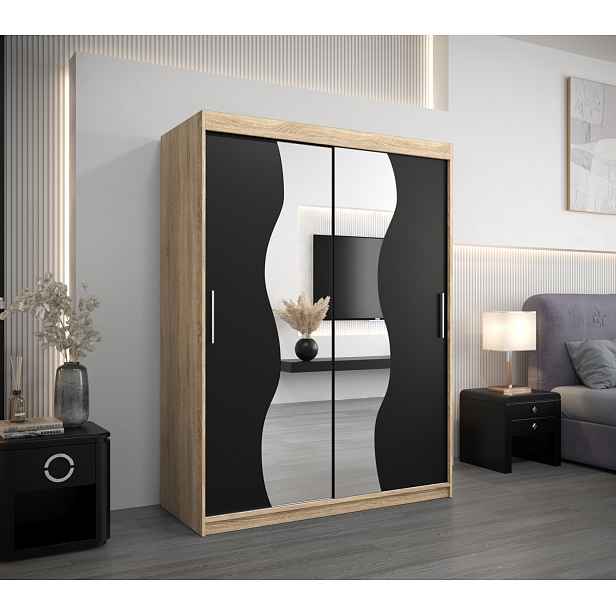 Šatní skříň se zrcadly ULRIKA - šířka 150 cm, dub sonoma / černá