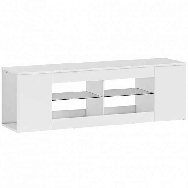 Modfu TV stolek z dřevotřísky a skla 140x35x42.5 cm bílý se 6 přihrádkami a 2 skleněnými policemi pro TV až 65"