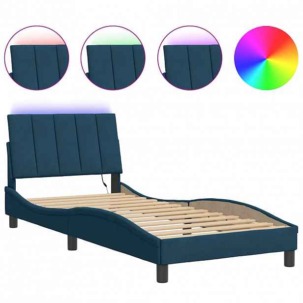 vidaXL Rám postele s LED osvětlením bez matrace Hanko modrý 90 x 190 cm samet