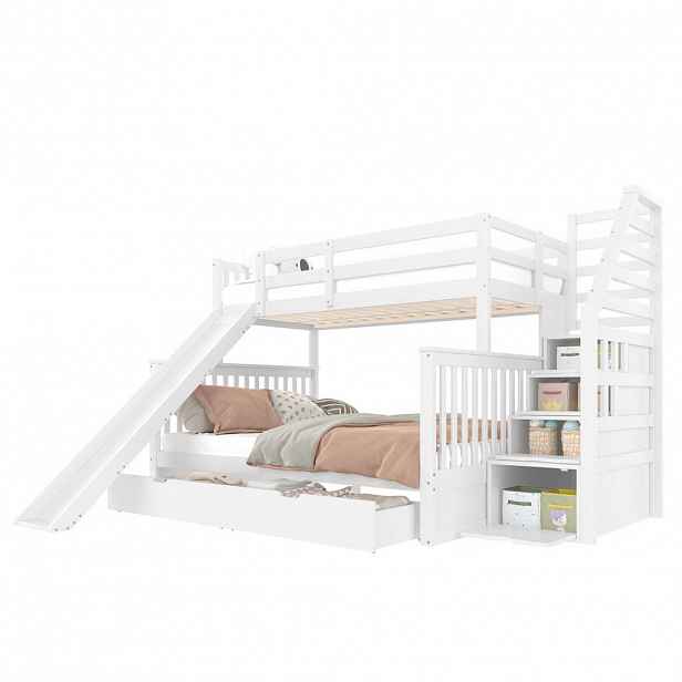 OKWISH PATROVÁ postel 90/200 cm a 140/200 cm v barvě antické bílé se skluzavkou a úložným prostorem z borovice