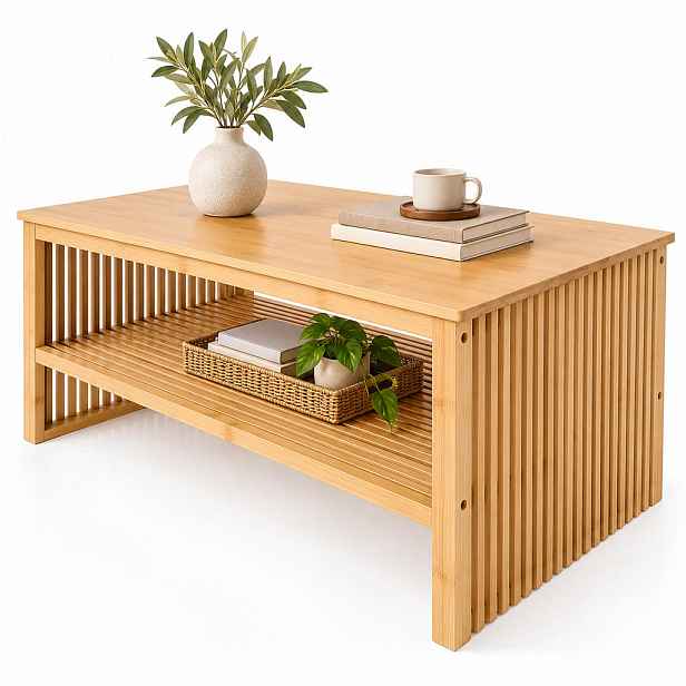 Relaxdays KONFERENČNÍ STOLEK Přírodní bambus s policí 98/55/46 cm