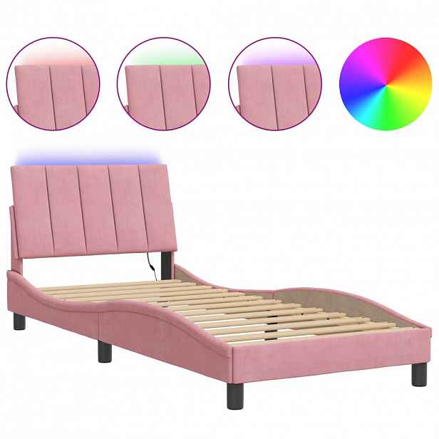 vidaXL Rám postele s LED osvětlením bez matrace Hanko růžový 90 x 190 cm samet