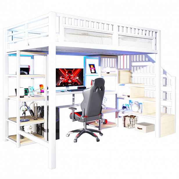 CHICFURN VYVÝŠENÁ POSTEL 140/200 cm v bílé barvě s psacím stolem, LED osvětlením a USB