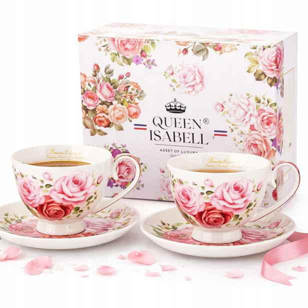 Elegantní sada šálků s růžemi, porcelánová sada jako dárek, 2 ks, 250 ml