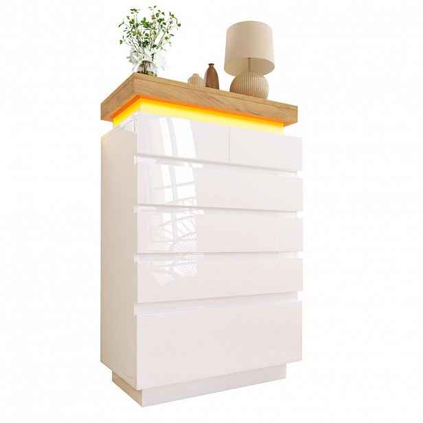 Modfu KOMODA z dřevotřísky 73x115x39 cm bílá s LED osvětlením, ovládáním přes aplikaci a 6 zásuvkami