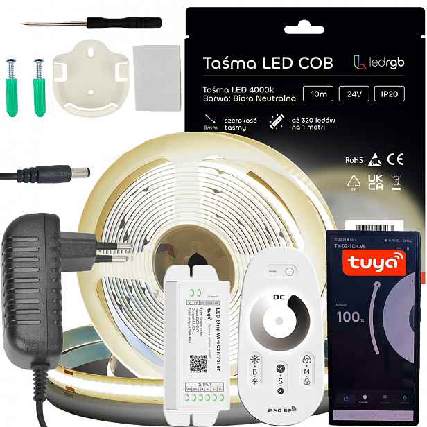 Sada Led pásků Cob 24V 10 m 4000K Bílá N. Zásuvkový Napájecí Zdroj Wifi Dálkový Ovladač