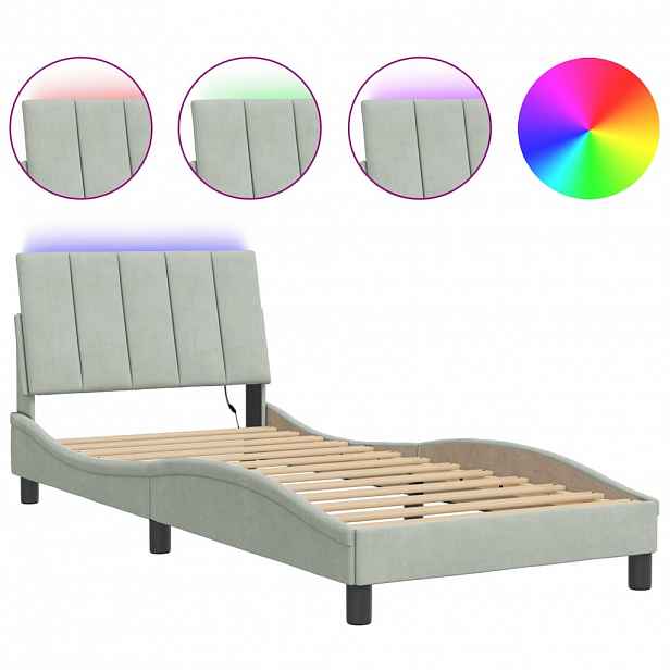 vidaXL Rám postele s LED osvětlením bez matrace Hanko světle šedý 90 x 200 cm samet