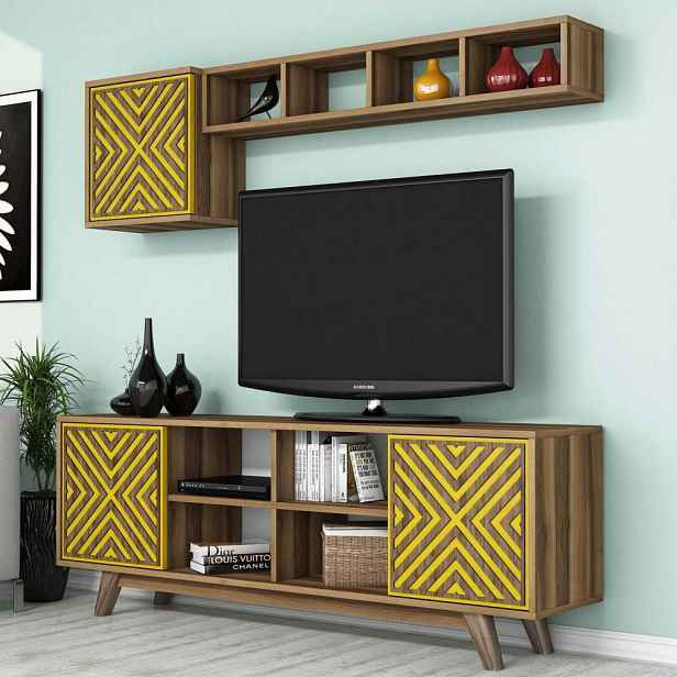 TV stěna / Sestava pod TV Inci - Walnut, Yellow