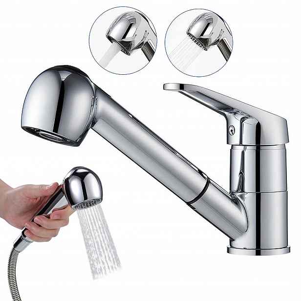 Kuchyňská baterie s flexibilním otočným ramínkem a vysokým kohoutkem pro umyvadlo, chrom