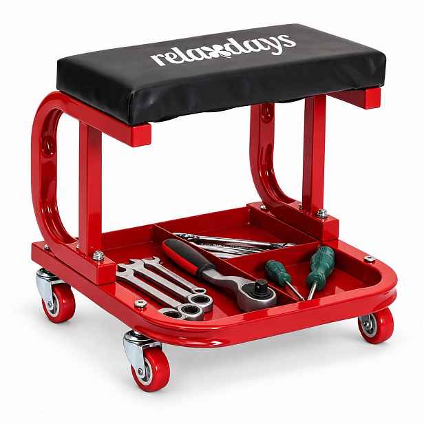 Relaxdays STOLIČKA černá-červená na kolečkách s odkládací přihrádkou 100 kg
