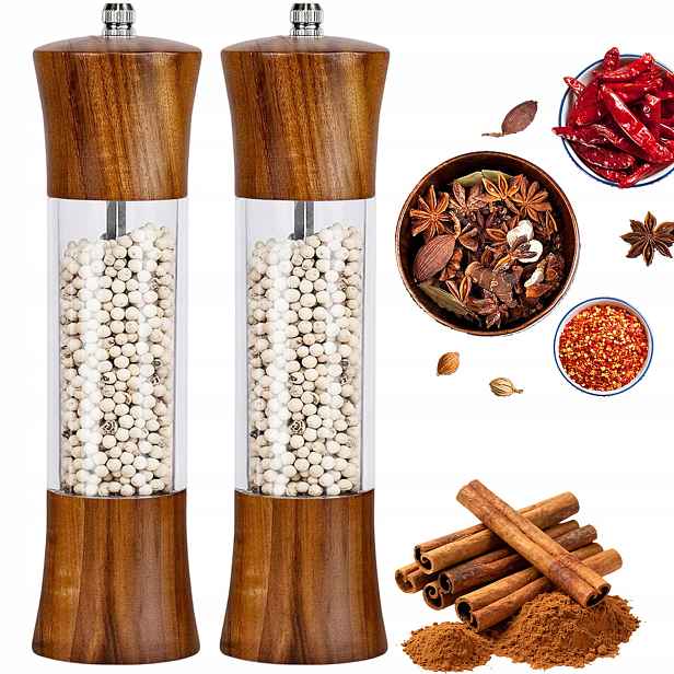 Ruční Mlýnek Na Sůl A Pepř Dřevěný Elegantní Keramický Set 2X
