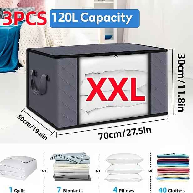 TEMU Sada 3 ks extra velkých úložných tašek na zip s průhledovým okénkem — Prostorově úsporný skládací design, vhodný pro ukládání dek, přikrývek,