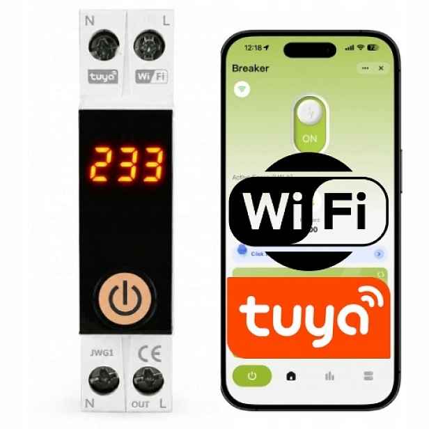 WiFi relé Tuya na Din lištu s displejem napětí a ovladačem On Off