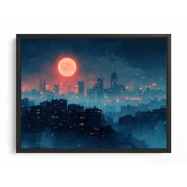 Obraz Rám Americký Box Město Mrakodrapy Bloky Noc Červený Měsíc 80x60