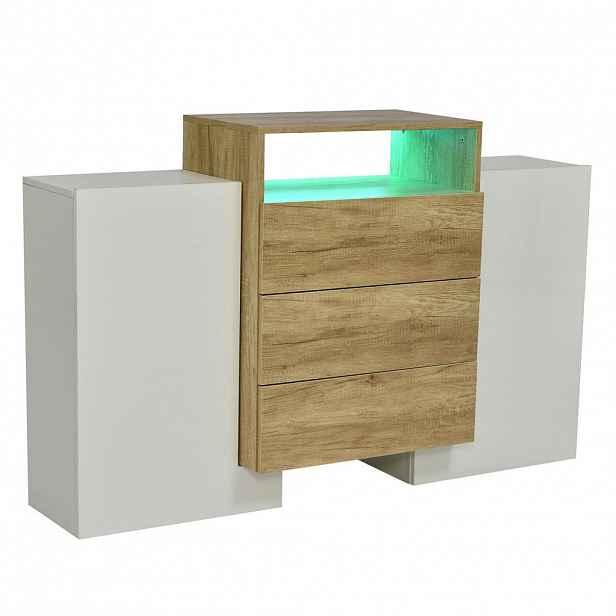 Modfu KOMODA z MDF 140x30x77,5 cm bílá ve vysokém lesku a přírodní s LED osvětlením, 2 dvířky a 3 zásuvkami