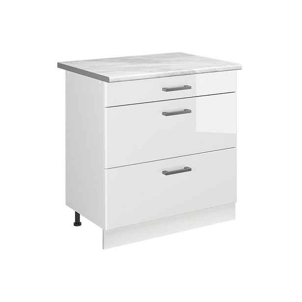 Vicco SPODNÍ SKŘÍŇKA KUCHYŇSKÉ LINKY R-Line, Bílá vysoký lesk/Bílá, 80 cm se 3 zásuvkami pracovná doska Mramor