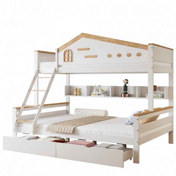 OKWISH PATROVÁ postel 90/200 cm a 140/200 cm bílá+přírodní se dvěma zásuvkami a bezpečnostním zábradlím