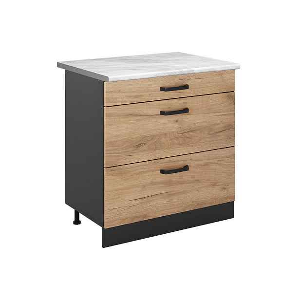 Vicco SPODNÍ SKŘÍŇKA KUCHYŇSKÉ LINKY R-Line, Zlatý mocný dub/Antracit, 80 cm se 3 zásuvkami pracovná doska Mramor