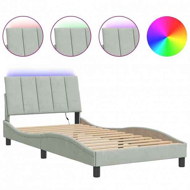 vidaXL Rám postele s LED osvětlením bez matrace Hanko světle šedý 100 x 200 cm samet