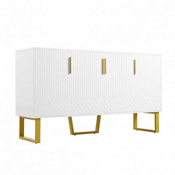 Modfu KOMODA z MDF 140x40x80 cm bílá ve vysokém lesku se 4 dvířky a kovovými nohami