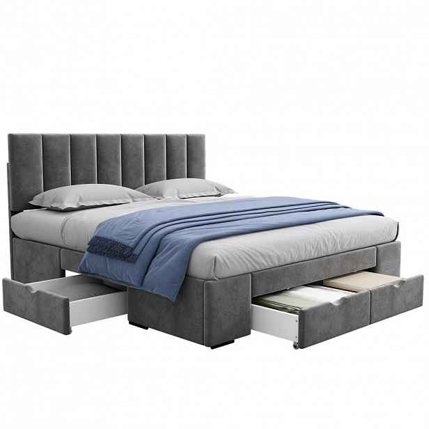 OKWISH ČALOUNĚNÁ postel 160/200 cm šedá ze sametu s roštem a 4 zásuvkami
