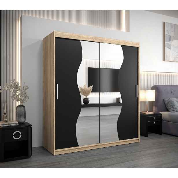 Skříň s posuvnými dveřmi REGINA - šířka 180 cm, dub sonoma / černá