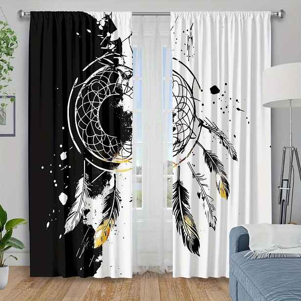 TEMU 2ks Závěsové látky, Izolační zatemňovací závěsy do ložnice, Potisk fantazijního lapače snů, Moderní umělecké okenní produkty, Polyester pratelný