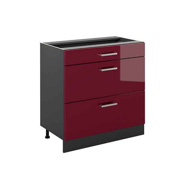 Vicco SPODNÍ SKŘÍŇKA KUCHYŇSKÉ LINKY R-Line, Červená vysoký lesk/Antracit, 80 cm se 3 zásuvkami bez pracovní desky