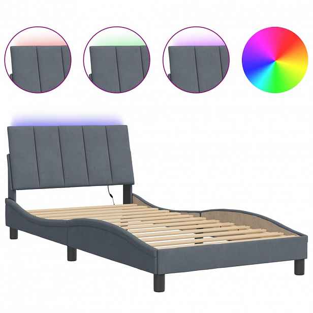 vidaXL Rám postele s LED osvětlením bez matrace Hanko tmavě šedý 100 x 200 cm samet