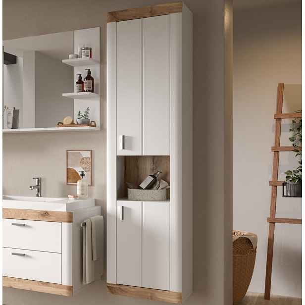 Vysoká nástěnná koupelnová skříňka Laredo, 45 cm, bílá/dub nox