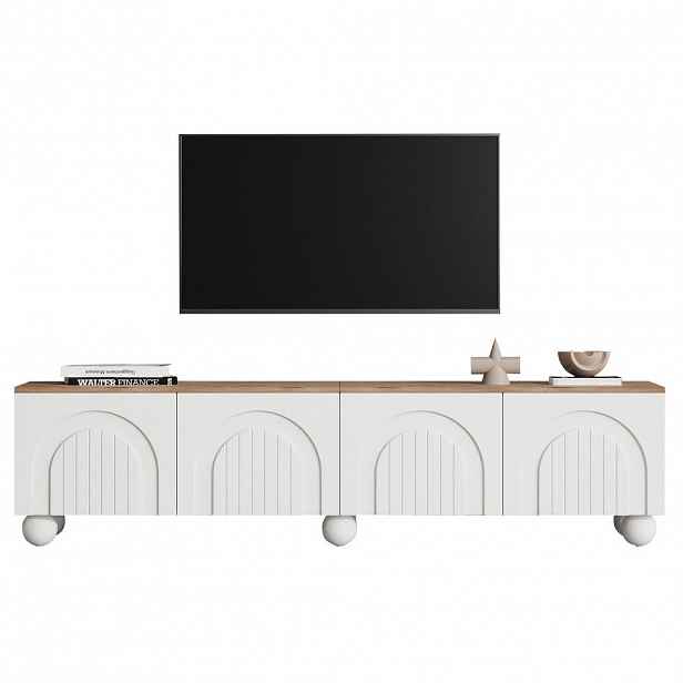 Modfu TV stolek z MDF 180x40x45 cm bílá a dubový dekor se 4 dvířky, 6 kovovými nohami a úložným prostorem