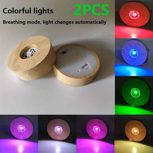 TEMU 2ks Podstavce s LED osvětlením z masivního dřeva (kulaté 8 cm/3,15 palce, na baterie AAA) vhodné pro křišťál, sklo, pryskyřici, DIY dekorace a