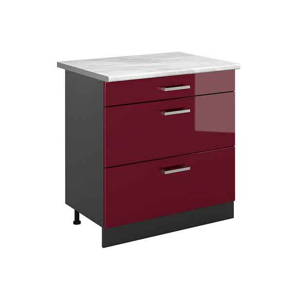 Vicco SPODNÍ SKŘÍŇKA KUCHYŇSKÉ LINKY R-Line, Červená vysoký lesk/Antracit, 80 cm se 3 zásuvkami pracovná doska Mramor