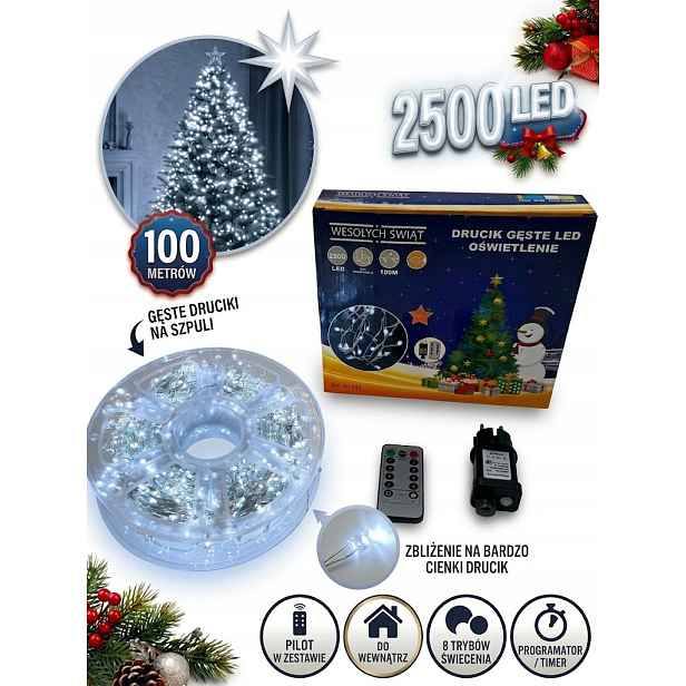 Vánoční Osvětlení Na Stromeček 100 m 2500 Led Studená bílá 8 režimů pro vnitřní použití.